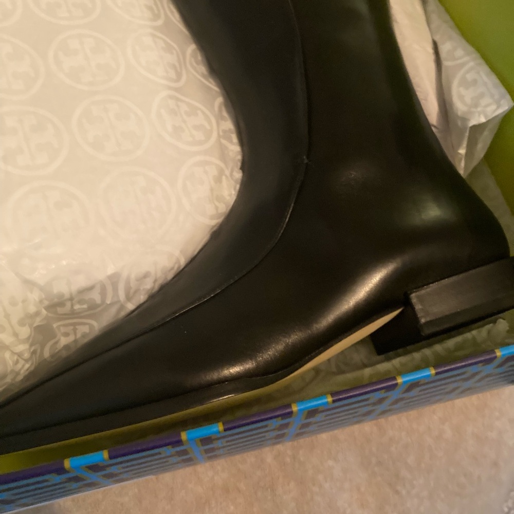 Tory Burch square toe 20mm black leather knee boot NIB 7.5M